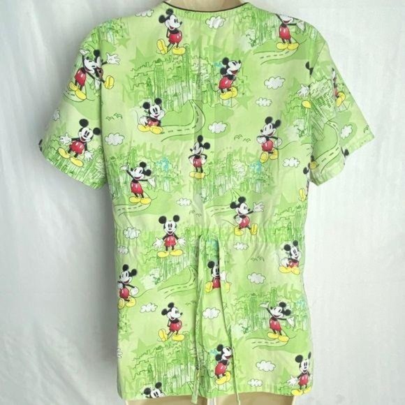 4/$25 Disney Mickey Mouse Scrub Top Cityscape Green Women's Small - Picture 6 of 8
